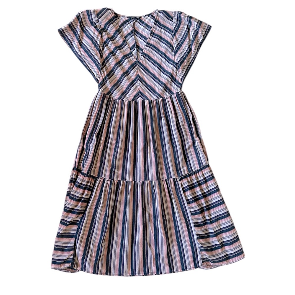 LUCKY BRAND flutter sleeve v-neck single tier midi dress multi color stripe sz S - Picture 2 of 7